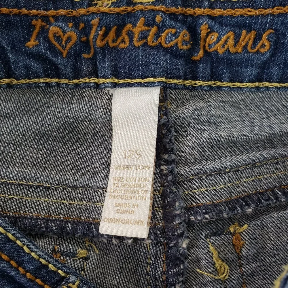 Justice Girls Bootcut Jeans Size 12S Slim Blue Denim Embroidered Pocket